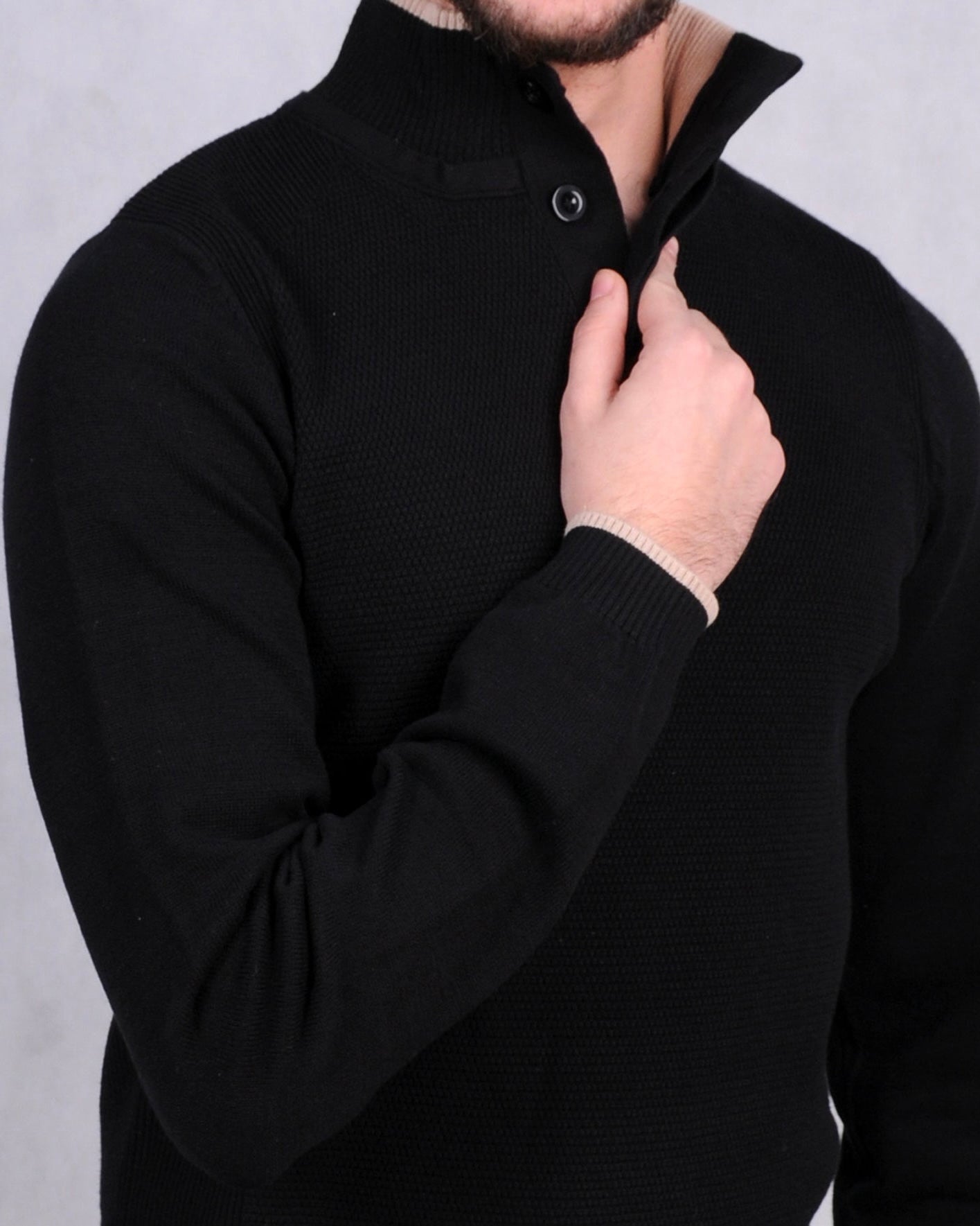 2H #46038 Black Pure Cotton With 3 Buttons High Neck Sweater