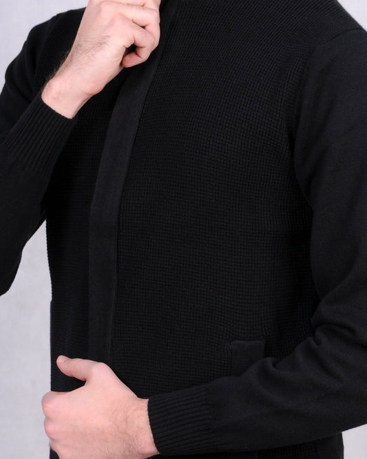 2H #46034 Full Black Cardigan Pure Cotton Sweater