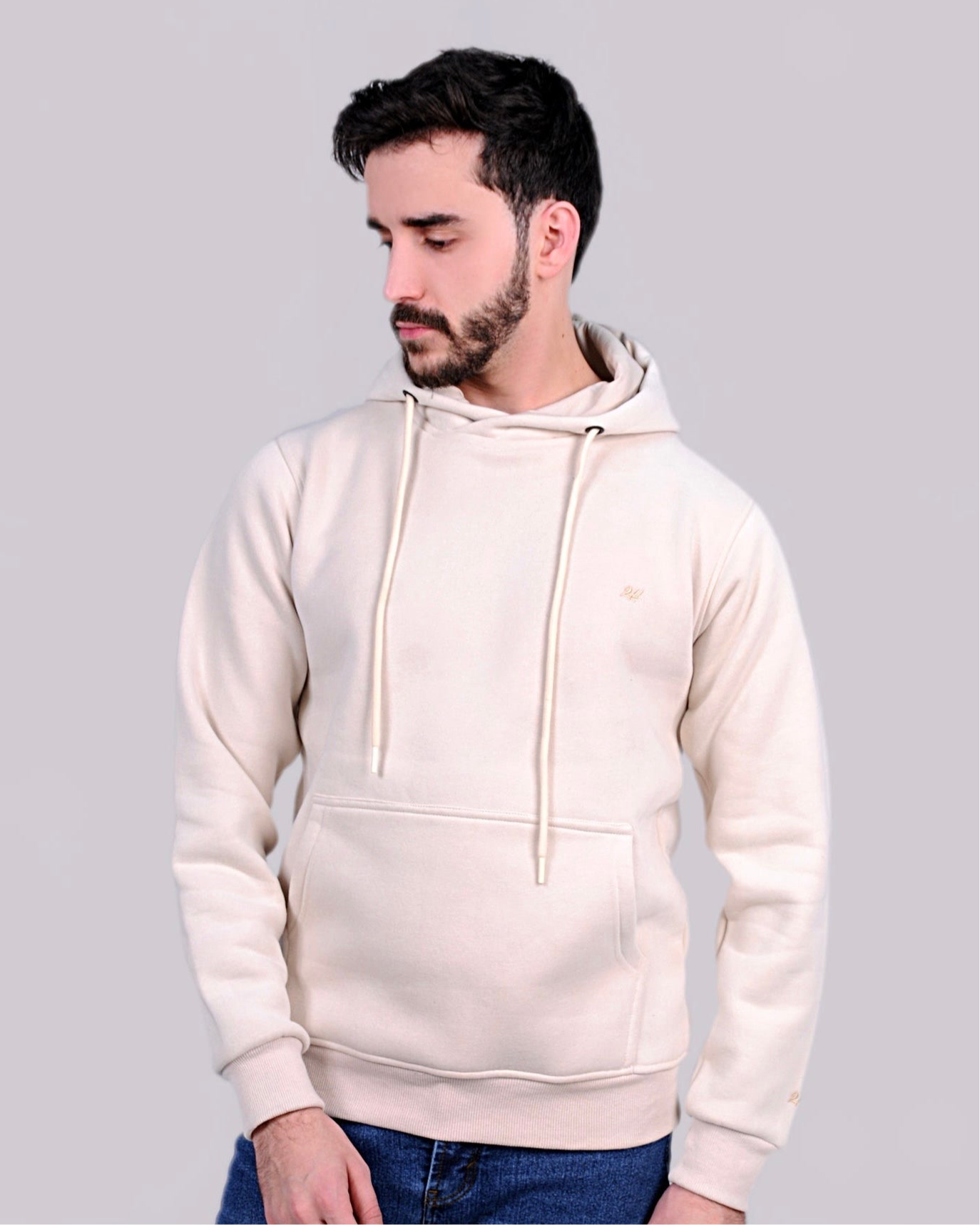 2H #Beige White Men Sweater Cotton Hoodie