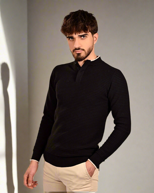 2H #46037 Black Pure Cotton With 3 Buttons High Neck Sweater