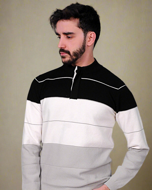 2H #46030  Colorful Black/White/Gray With 3 Buttons High Neck Sweater