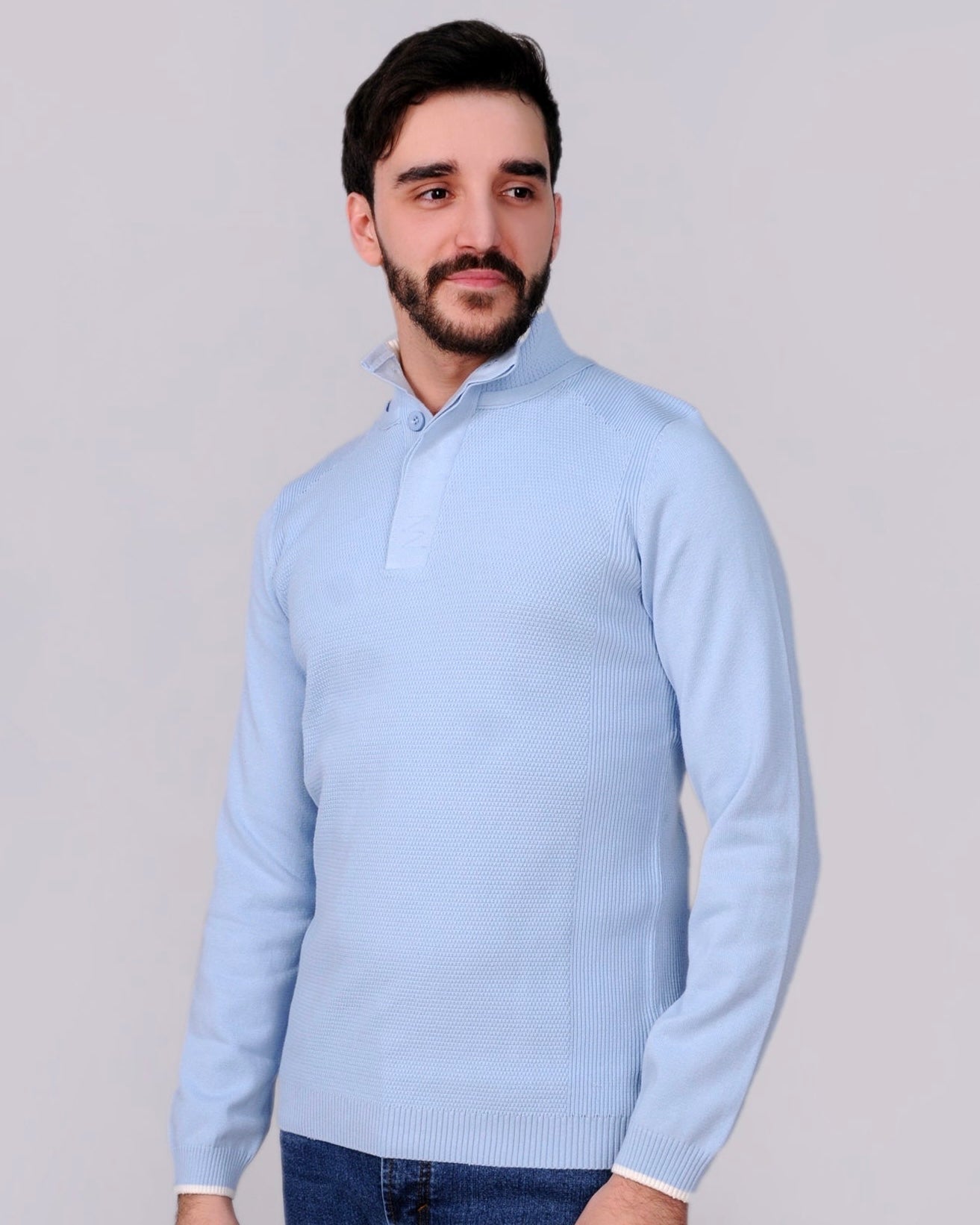 2H #46038 Blue Pure Cotton With 3 Buttons High Neck Sweater