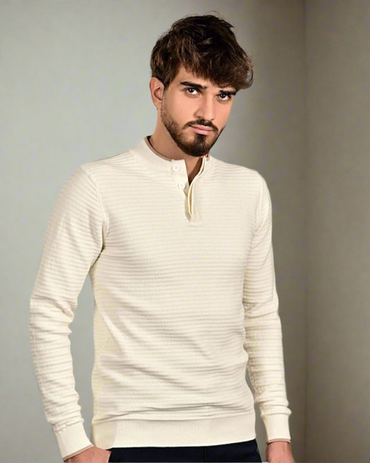 2H #46037 White Pure Cotton With 3 Buttons High Neck Sweater