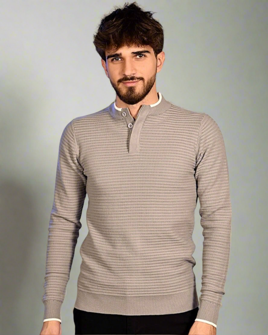 2H #46037 Gray Pure Cotton With 3 Buttons High Neck Sweater