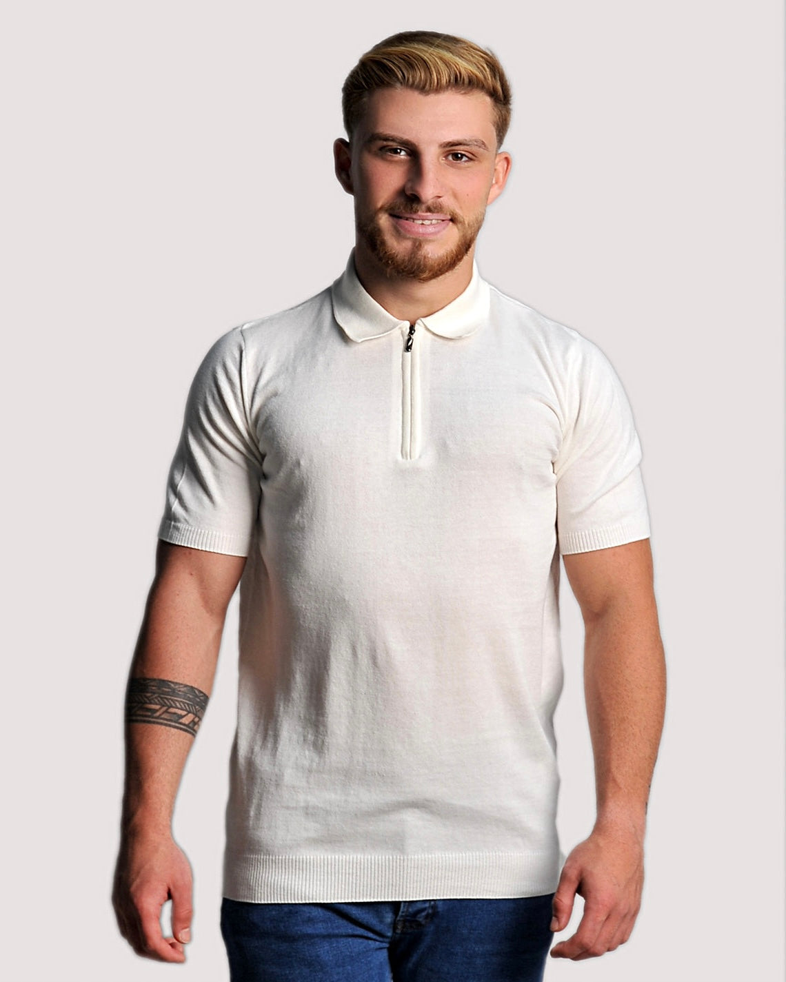 2H #2001-40 Off-White Knitted Cotton Polo T-Shirt