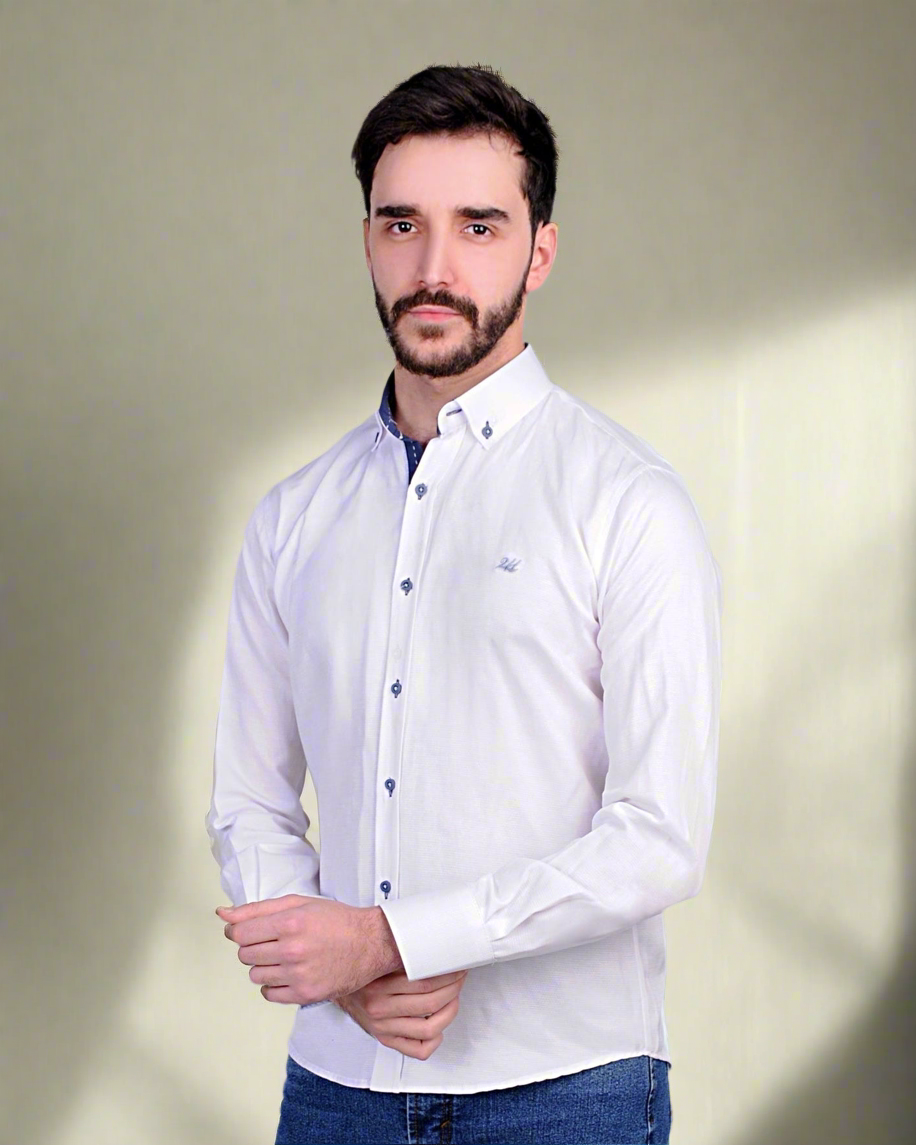 2H #080124 White Navy Buttons Casual Shirt