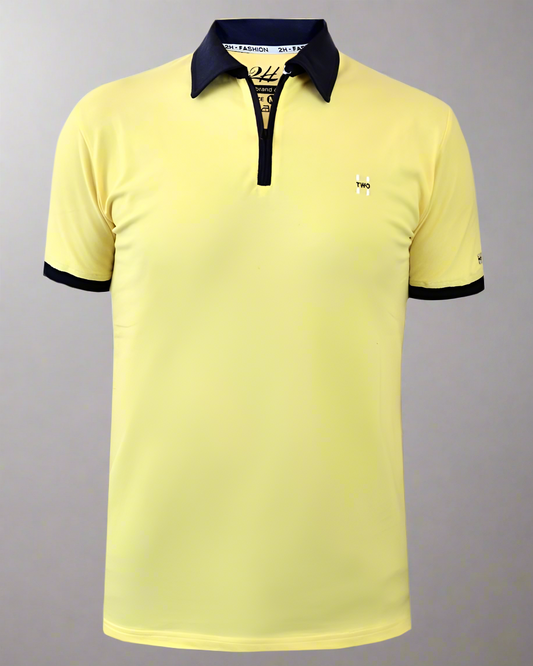 SALE! 2H #77030 Yellow Polo T-shirt With Navy Neck