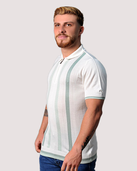 2H #39662-40 Off-White Striped Knitted Polo T-Shirt