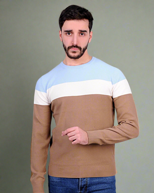 2H #46031 Colorful Blue/White/Brown Round Neck Sweater