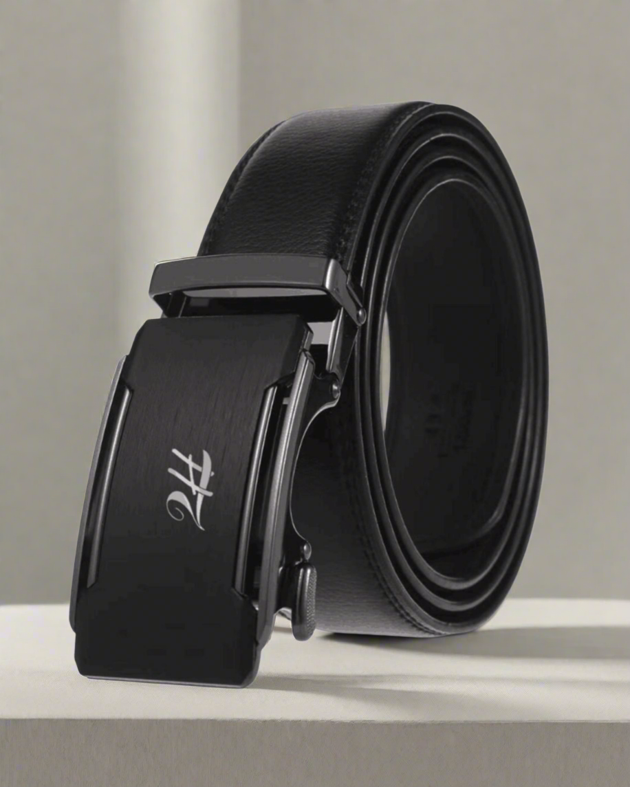 2H Automatic Sliding Buckle Genuine Leather Black Belt For Men