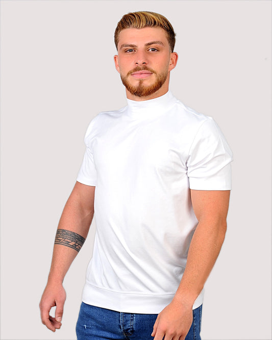 2H #12576 White Mercerized Cotton High Neck T-Shirt