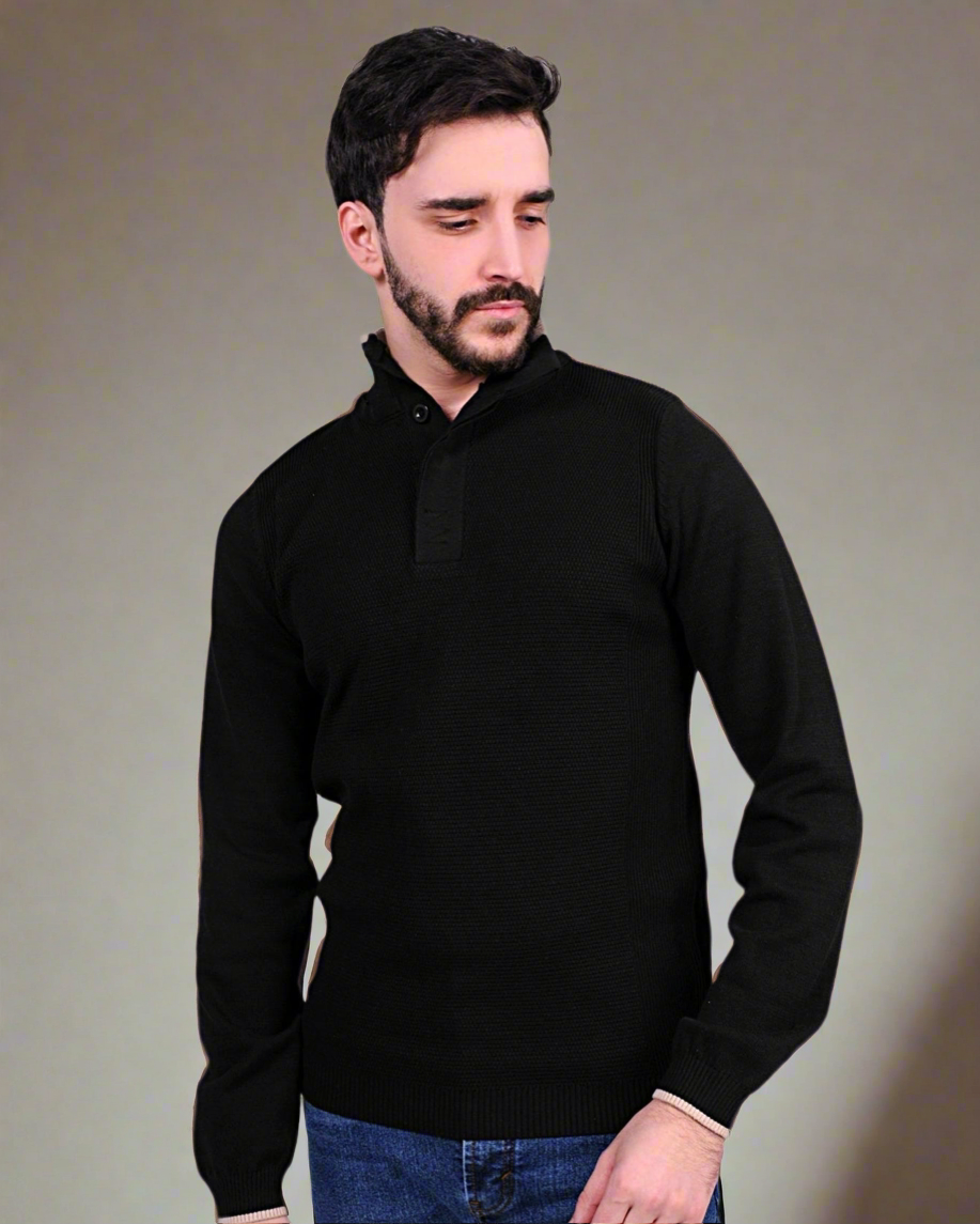 2H #46038 Black Pure Cotton With 3 Buttons High Neck Sweater