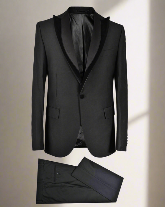 2H Black Wedding Suit Peack Lapel Chamois And Satin 2 Pieces