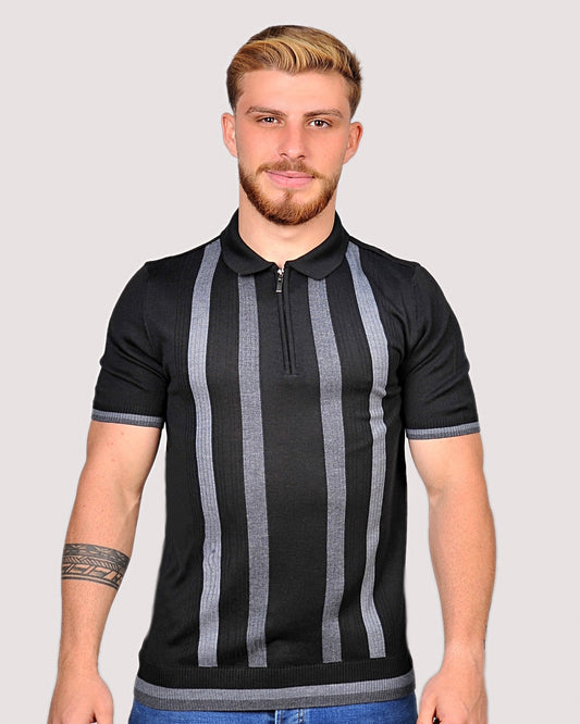 2H #39662-40 Black Striped Knitted Polo T-Shirt
