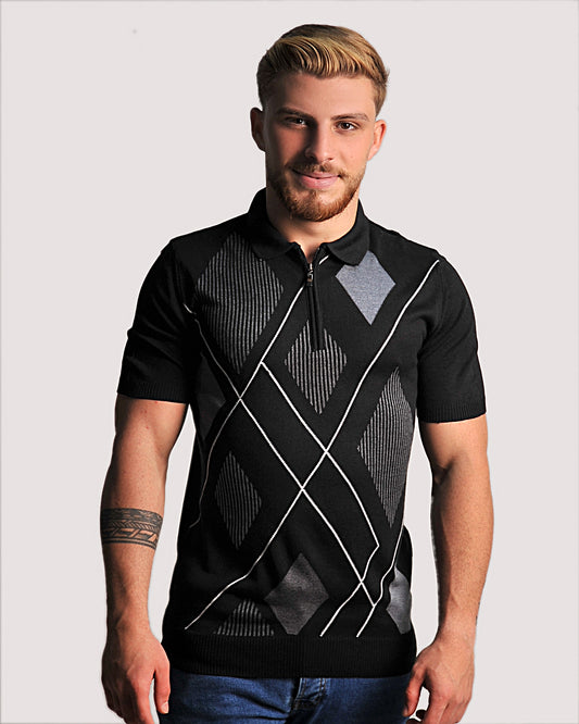 2H #39657-40 Black Knitted Polo T-Shirt