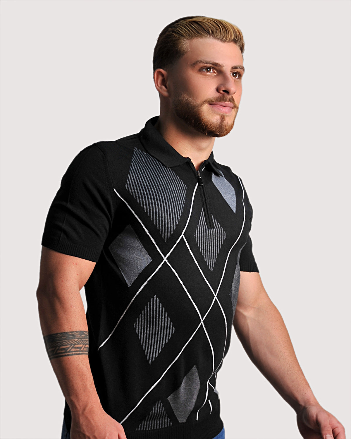 2H #39657-40 Black Knitted Polo T-Shirt