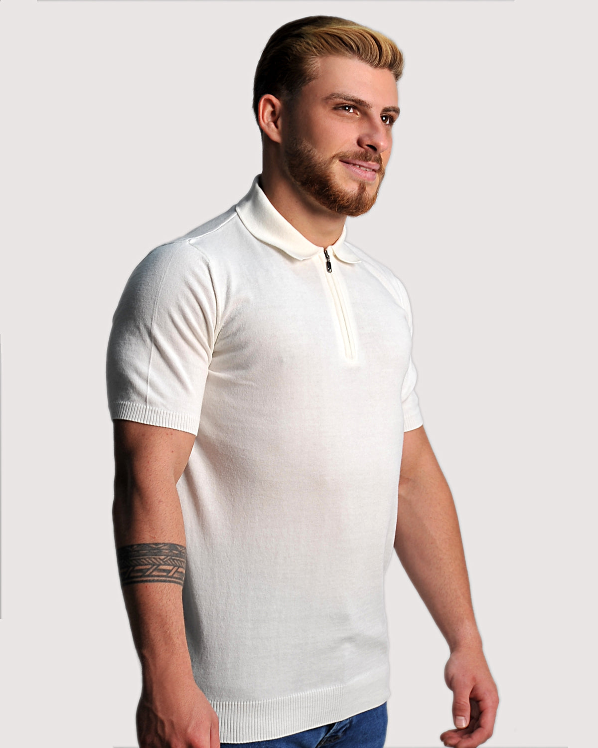 2H #2001-40 Off-White Knitted Cotton Polo T-Shirt