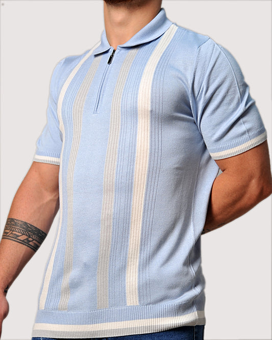2H #39662-40 Blue Striped Knitted Polo T-Shirt