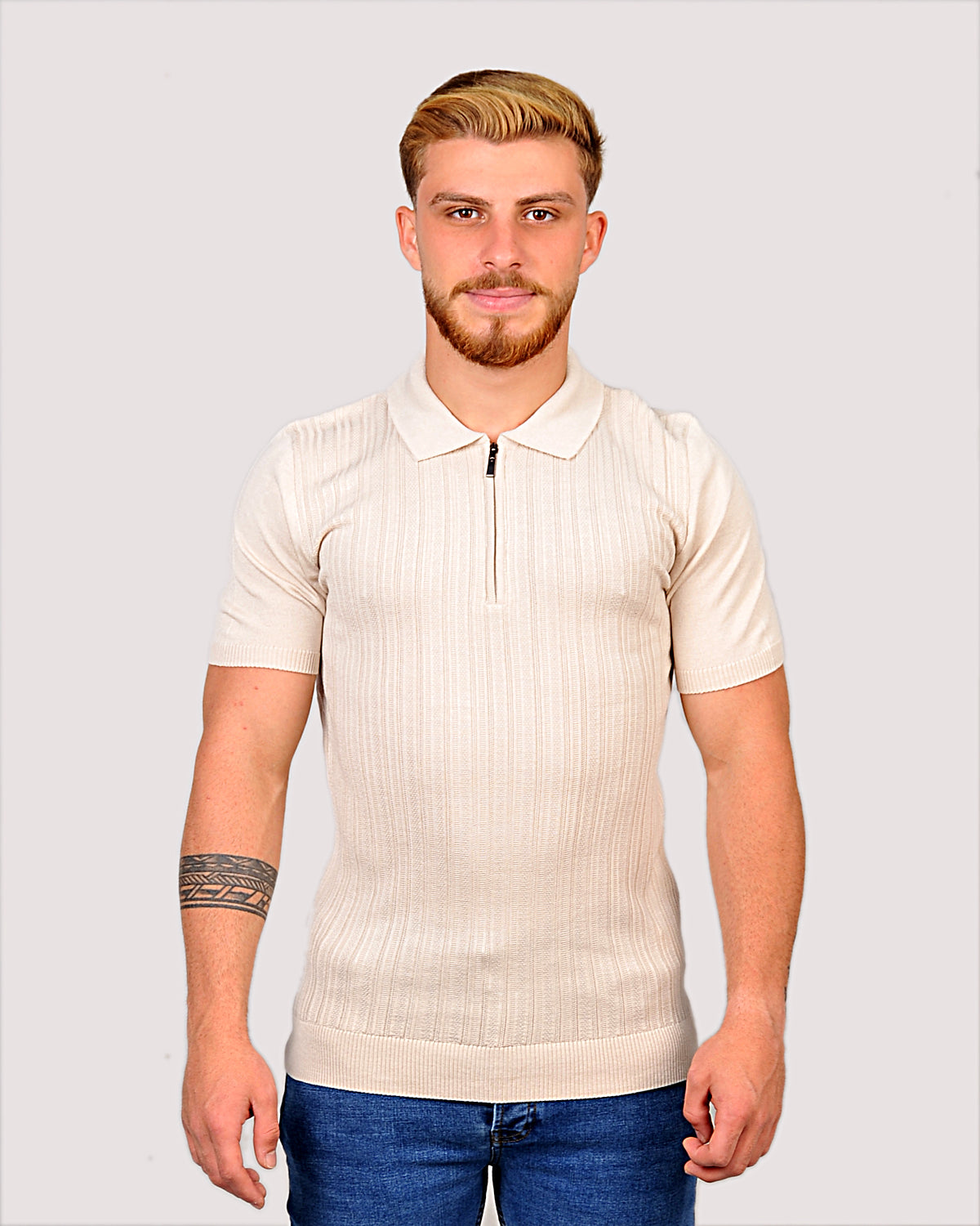 2H #39733-40 Beige Knitted Polo T-Shirt