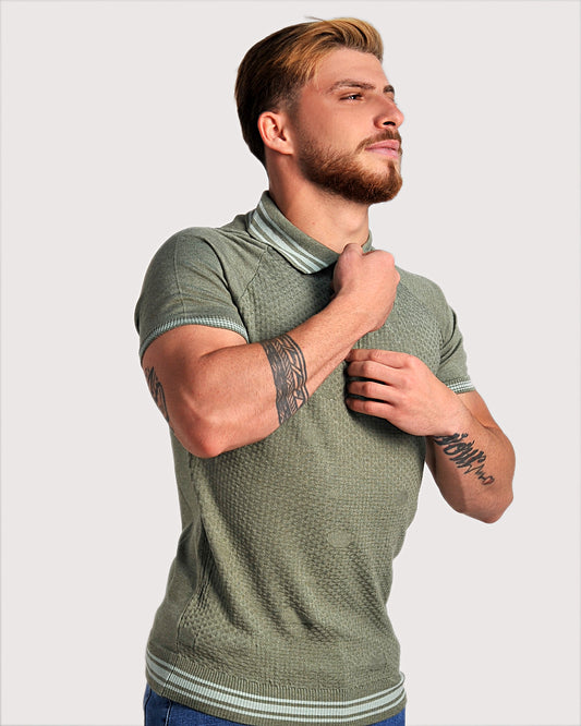 2H #39749-40 Green Knitted Polo T-Shirt