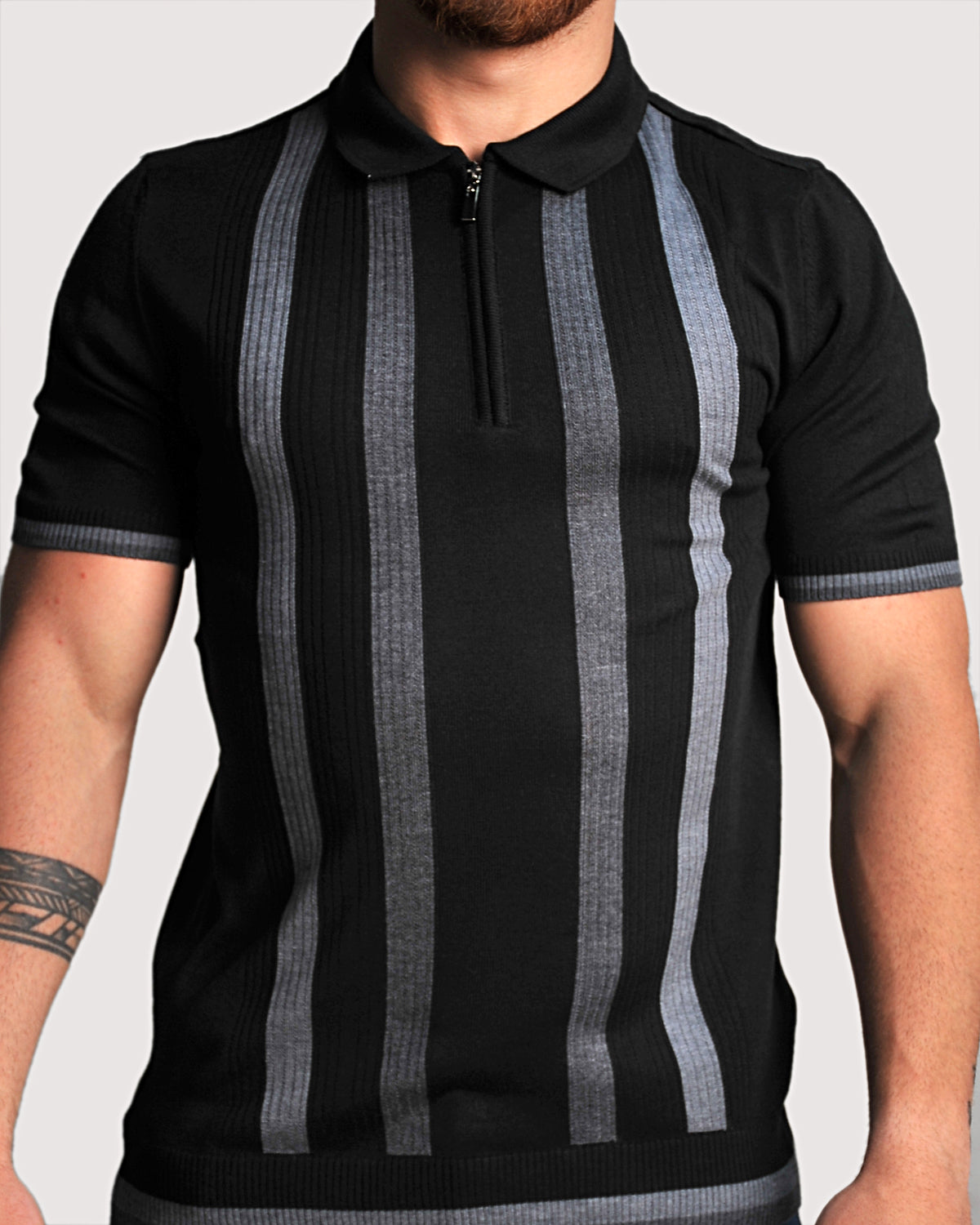 2H #39662-40 Black Striped Knitted Polo T-Shirt