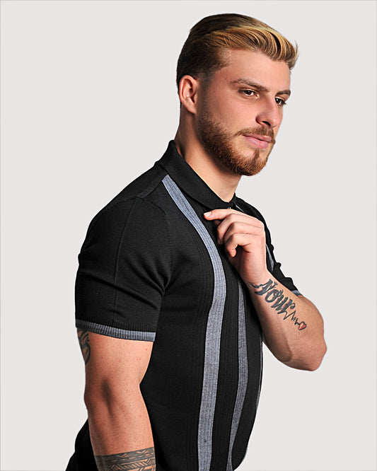 2H #39662-40 Black Striped Knitted Polo T-Shirt