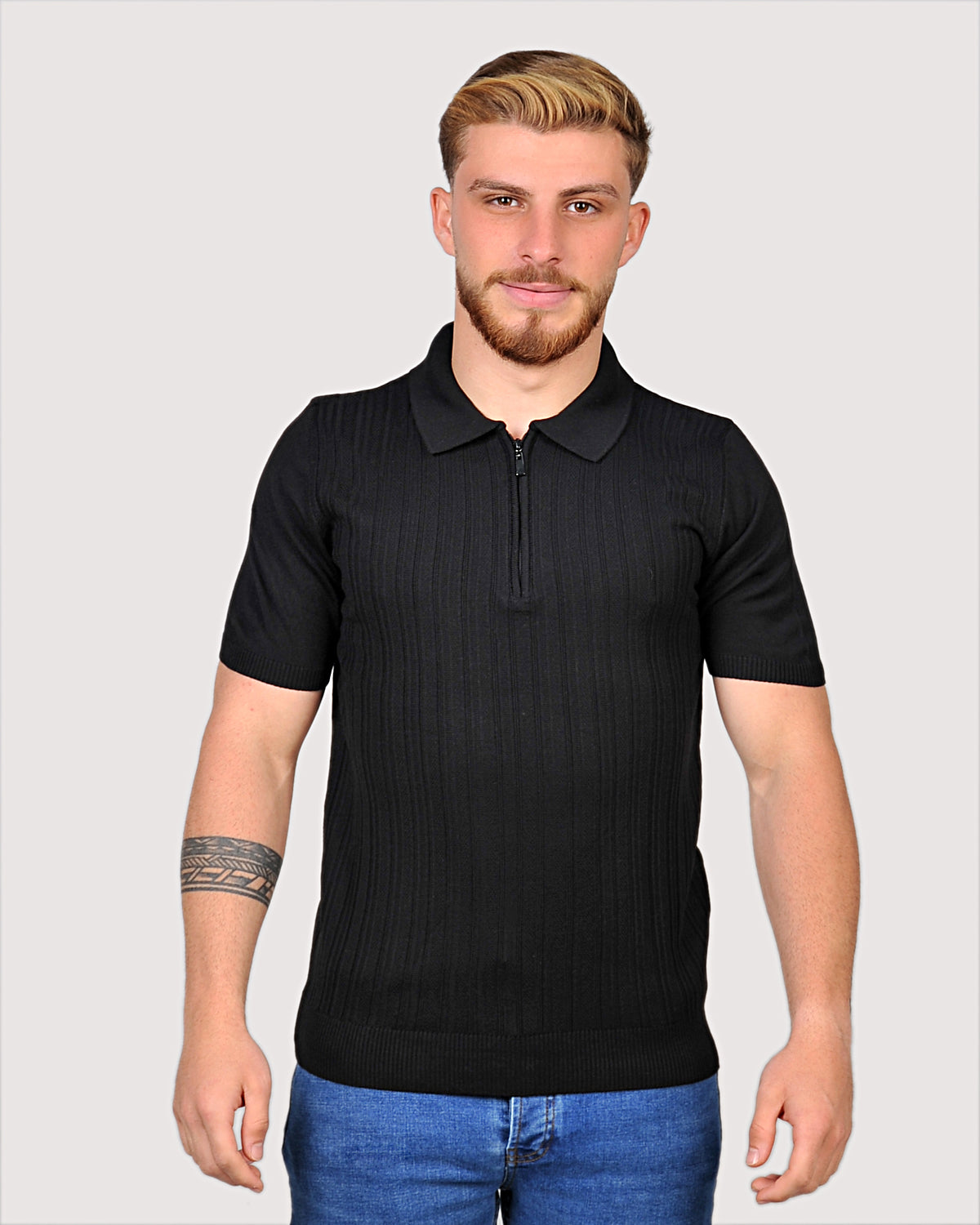 2H #39733-40 Black Knitted Polo T-Shirt