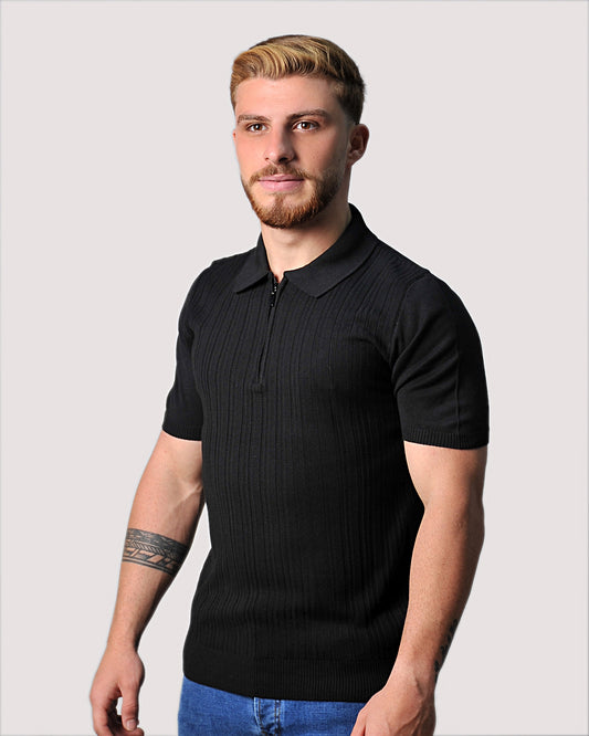 2H #39733-40 Black Knitted Polo T-Shirt