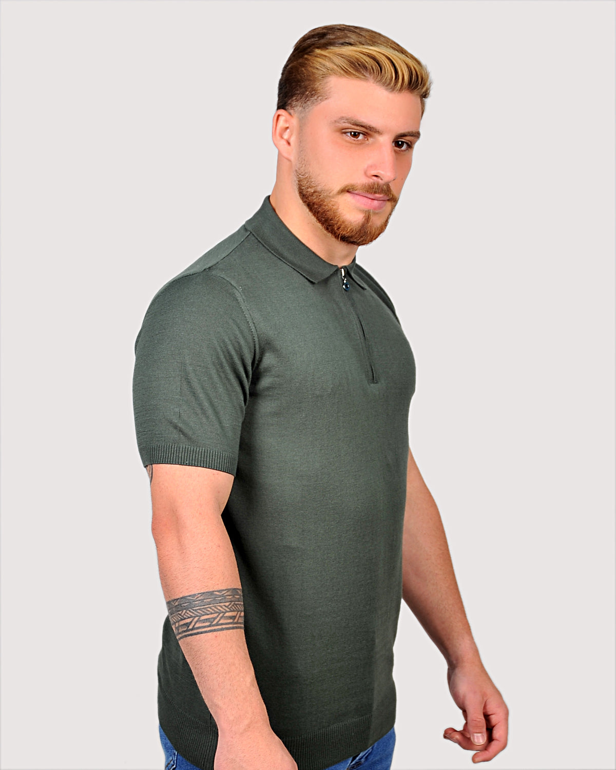 2H #2001-40 Olive Green Knitted Cotton Polo T-Shirt