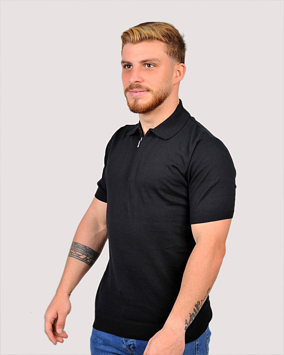 2H #2001-40 Black Knitted Cotton Polo T-Shirt