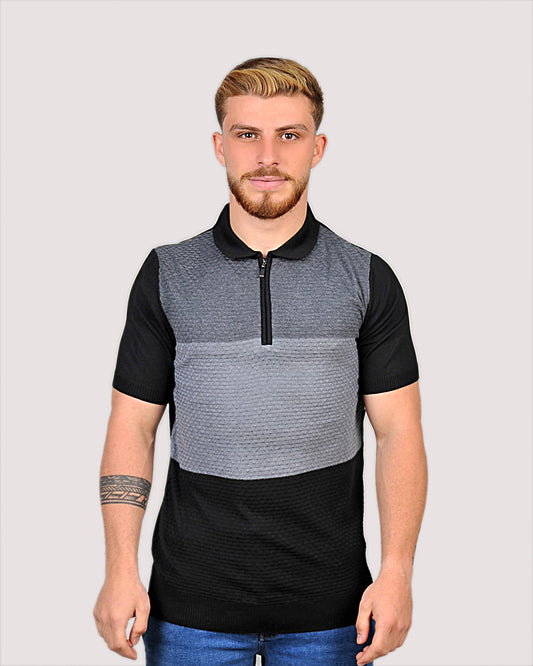 2H #39659-40 Black Knitted Polo T-Shirt