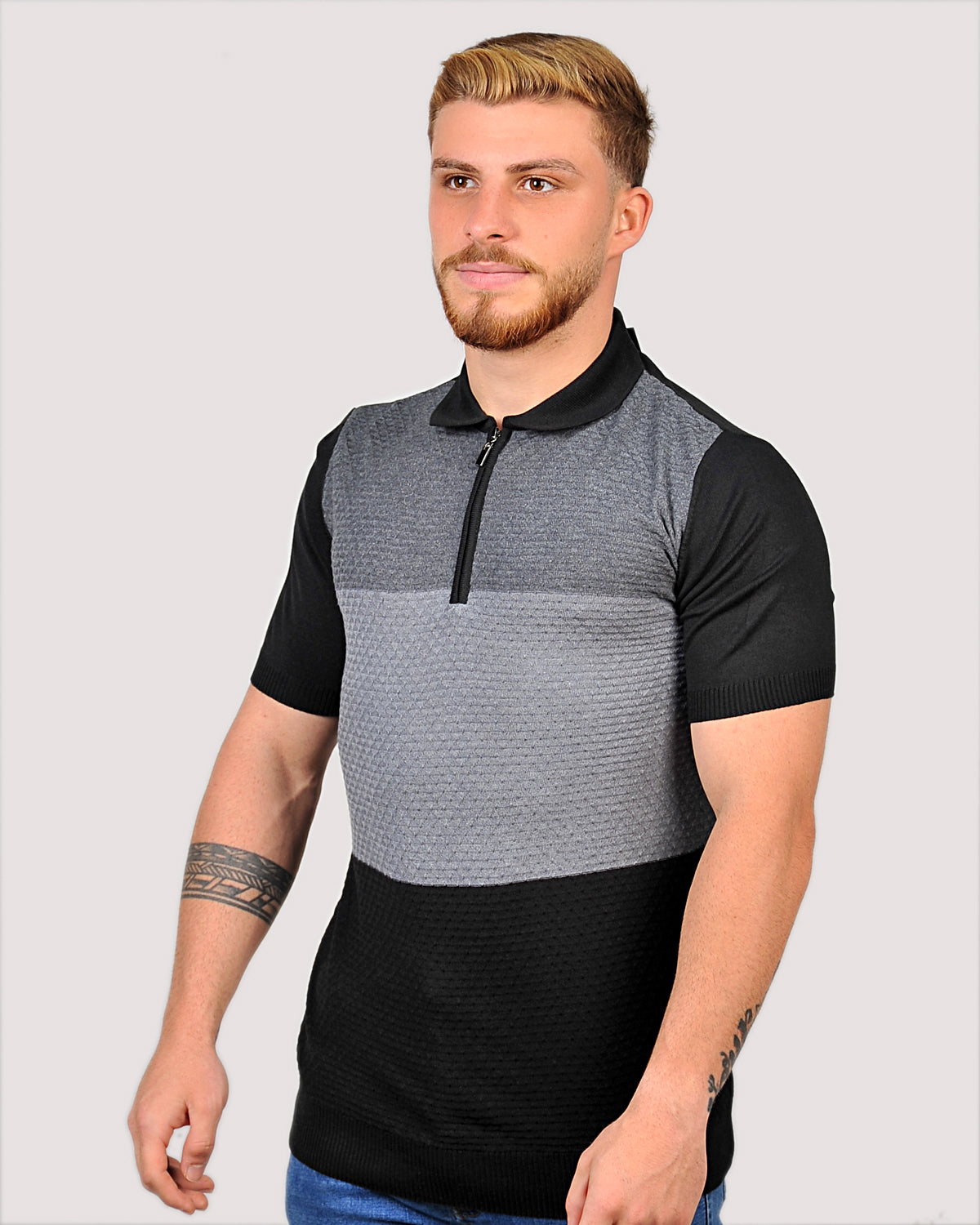 2H #39659-40 Black Knitted Polo T-Shirt