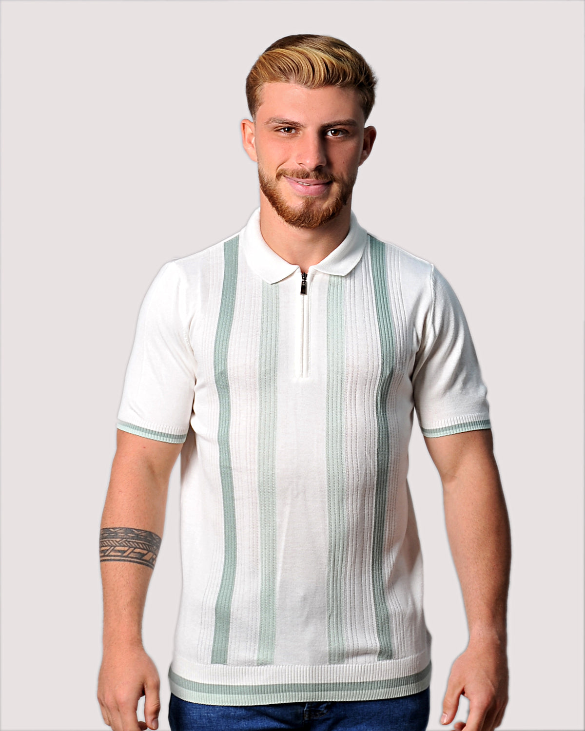 2H #39662-40 Off-White Striped Knitted Polo T-Shirt