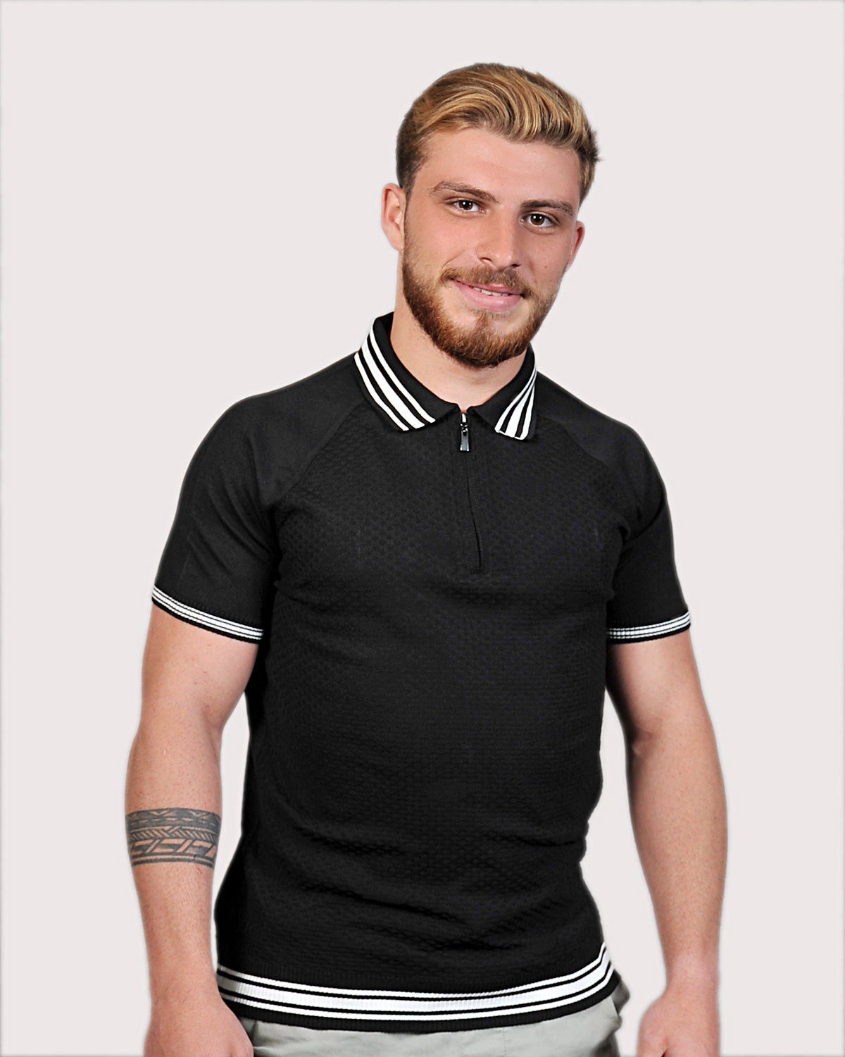 2H #39749-40 Black Knitted Polo T-Shirt