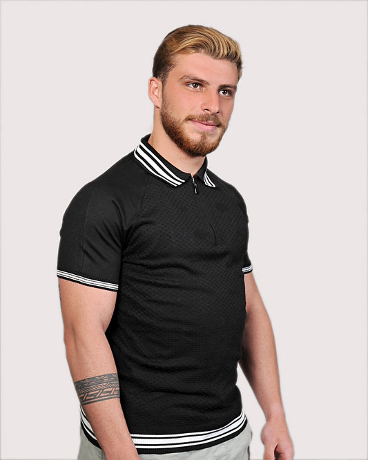 2H #39749-40 Black Knitted Polo T-Shirt