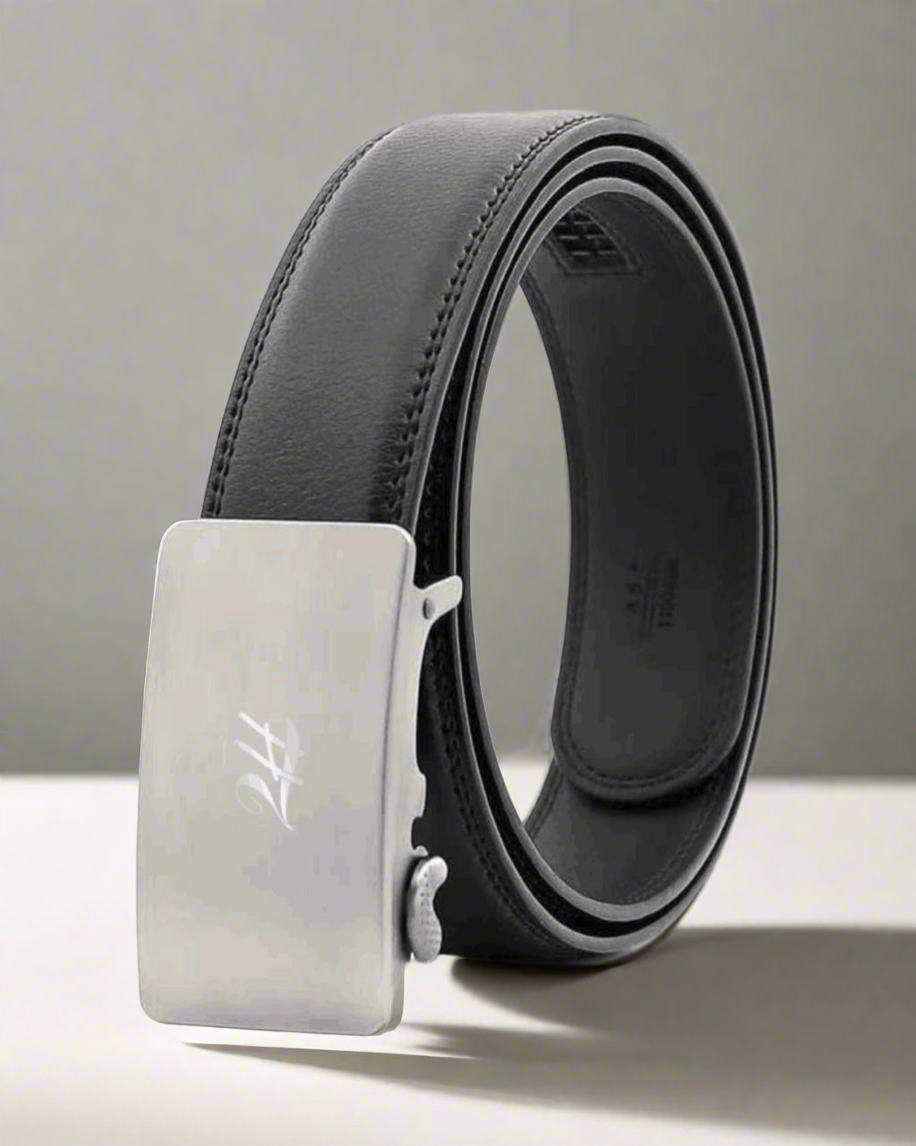 2H Automatic Sliding Buckle Genuine Leather Black Belt For Men