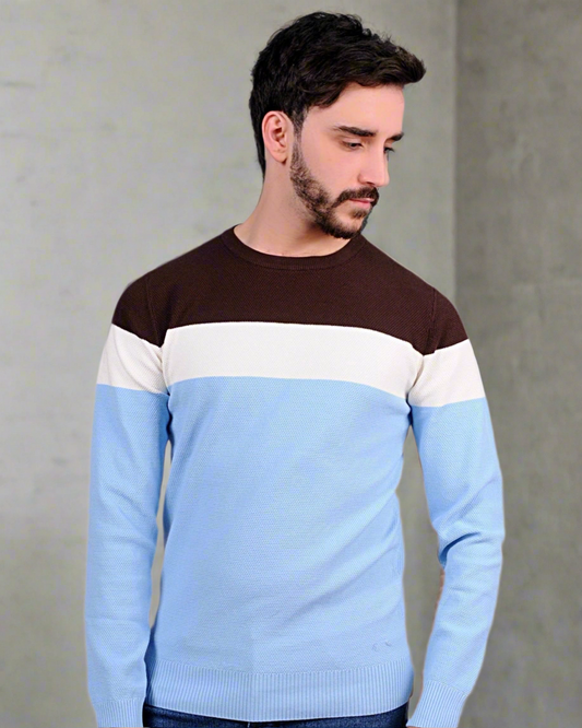 2H #46031 Colorful Brown/White/Blue Round Neck Sweater