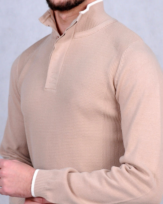 2H #46038 Beige Pure Cotton With 3 Buttons High Neck Sweater