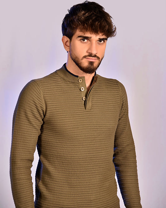 2H #46037 Army Pure Cotton With 3 Buttons High Neck Sweater