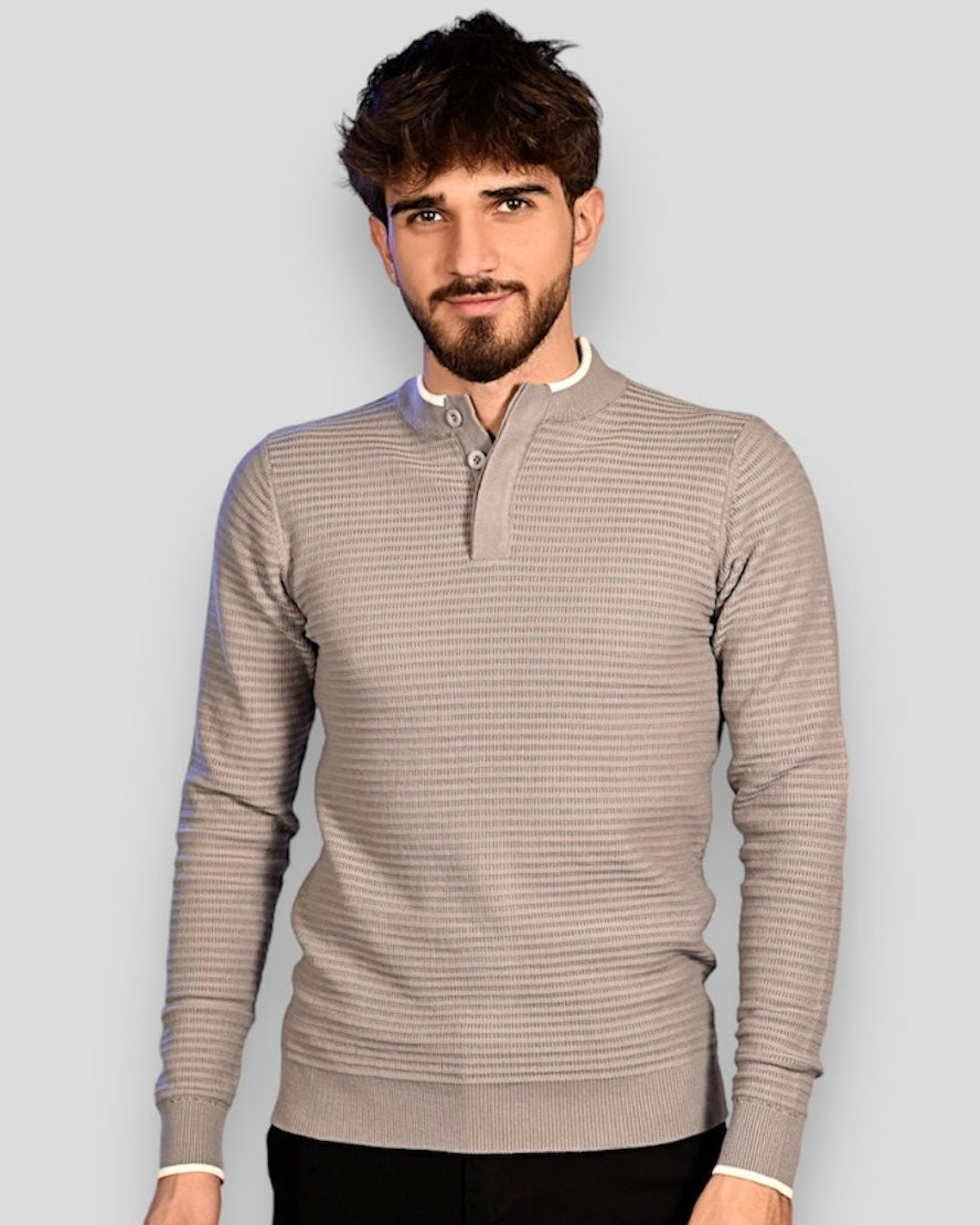 2H #46037 Gray Pure Cotton With 3 Buttons High Neck Sweater