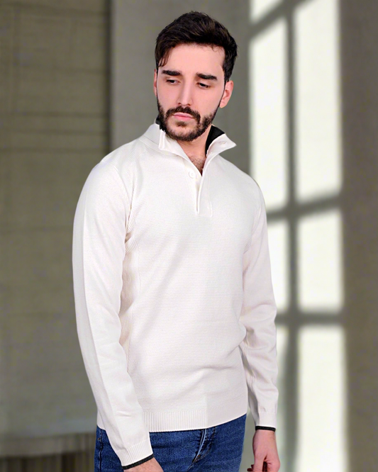 2H #46038 white Pure Cotton With 3 Buttons High Neck Sweater