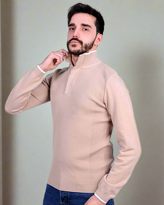 2H #46038 Beige Pure Cotton With 3 Buttons High Neck Sweater