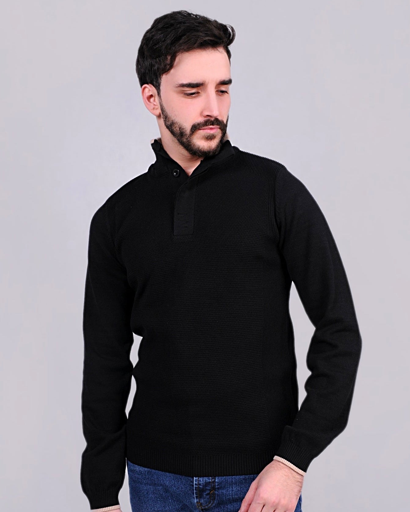 2H #46038 Black Pure Cotton With 3 Buttons High Neck Sweater