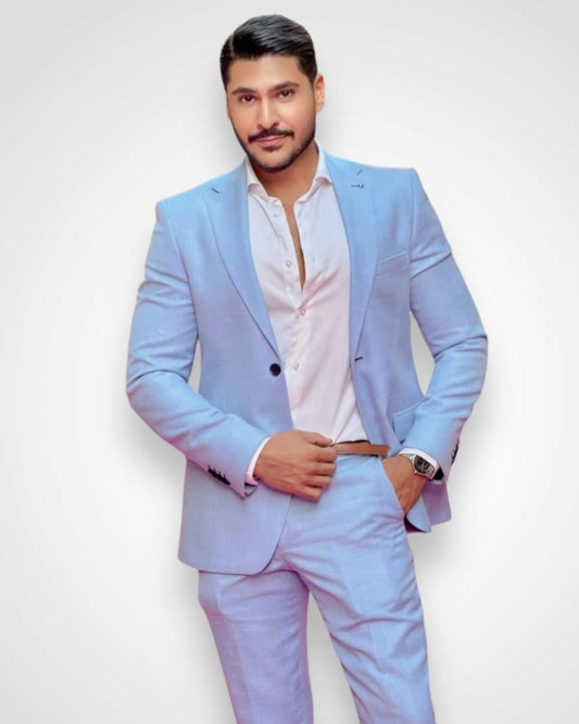 2H Light Blue Casual Embossed Suit 2 Pieces