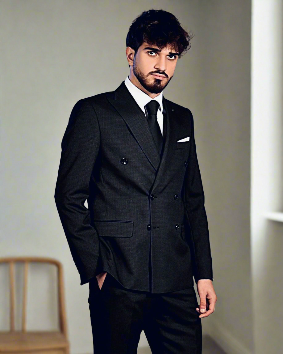 2H #548-03 Black Peaked Lapel Double breasted Suit 2 Pieces