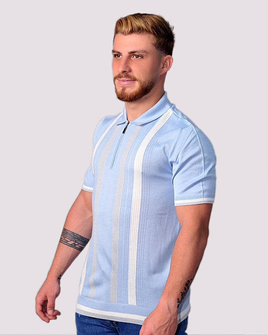 2H #39662-40 Blue Striped Knitted Polo T-Shirt