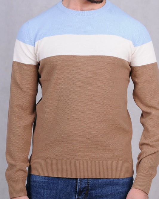 2H #46031 Colorful Blue/White/Brown Round Neck Sweater