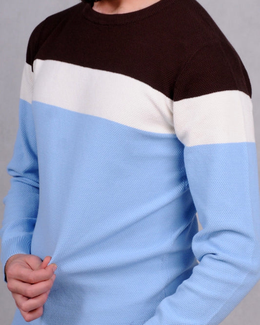 2H #46031 Colorful Brown/White/Blue Round Neck Sweater