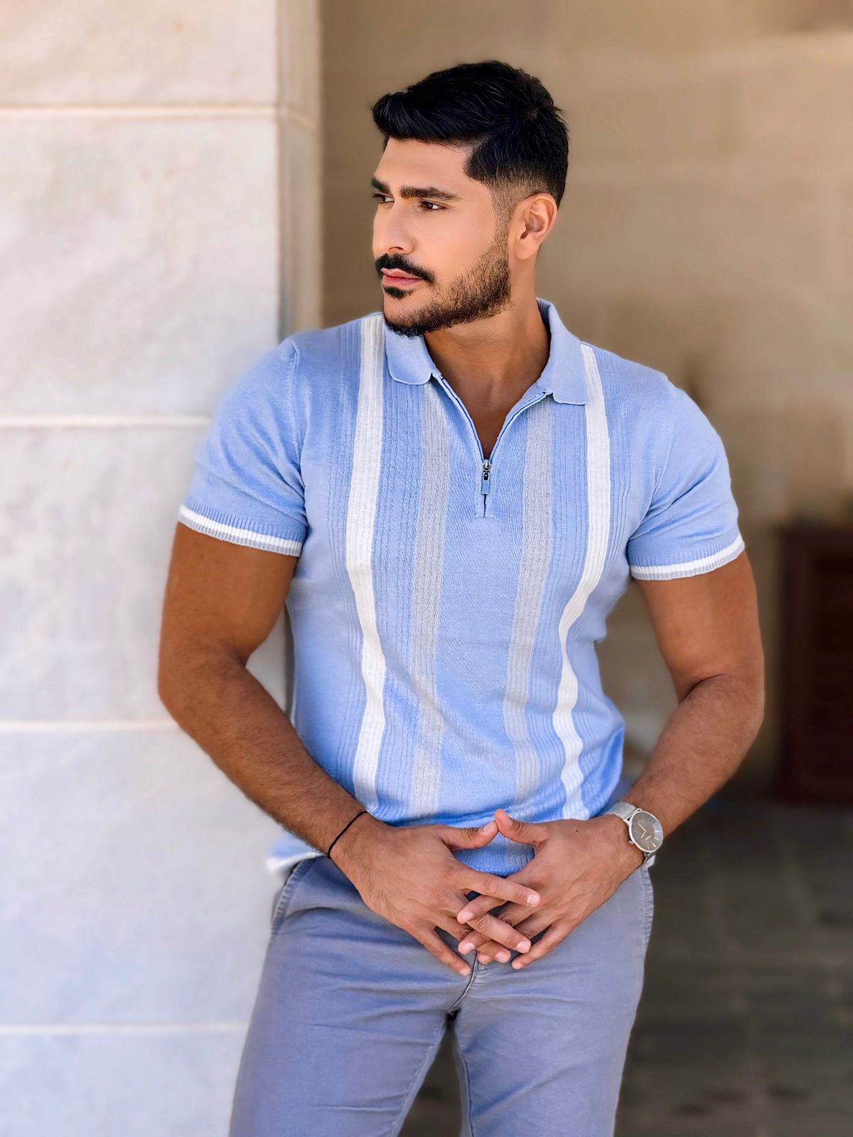 2H #39662-40 Blue Striped Knitted Polo T-Shirt